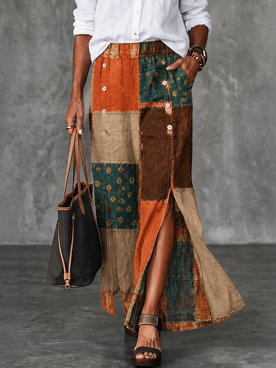 Women's Retro Art Print Button Front Wide Leg Pants